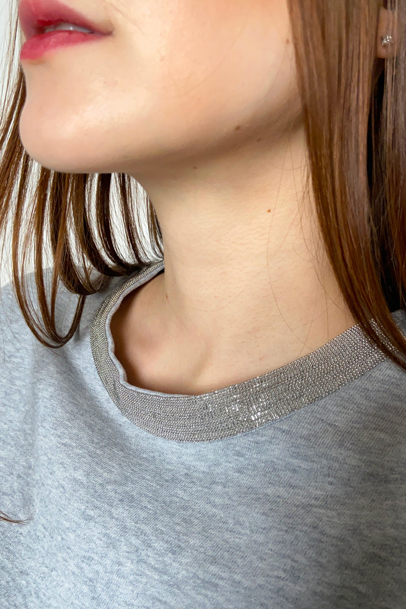 Fabiana Filippi Cotton Sweatshirt with Brilliant Beading Neck in Grey Melange