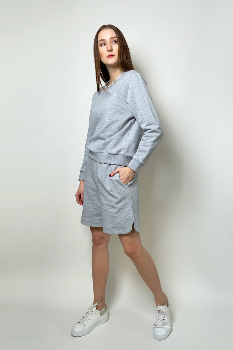 Fabiana Filippi Cotton Sweatshirt with Brilliant Beading Neck in Grey Melange
