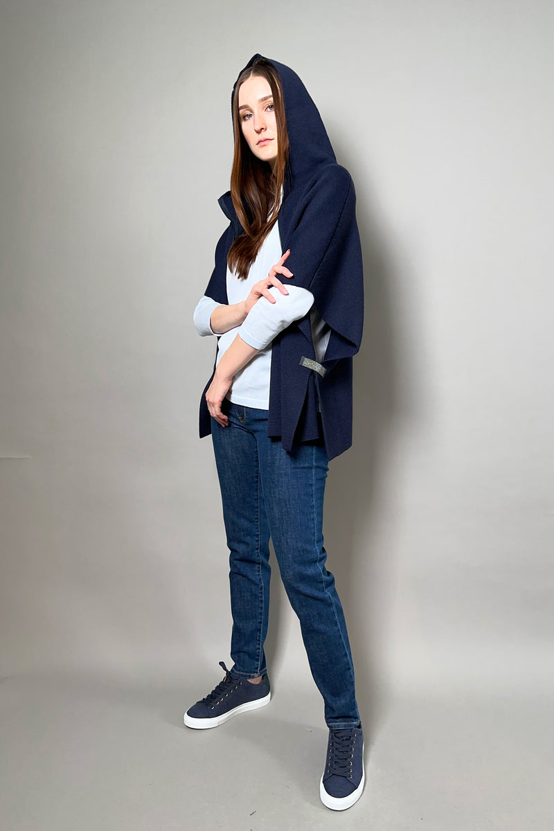Fabiana Filippi Hooded Knit Cape with Brilliant Notch on the Sides in Navy