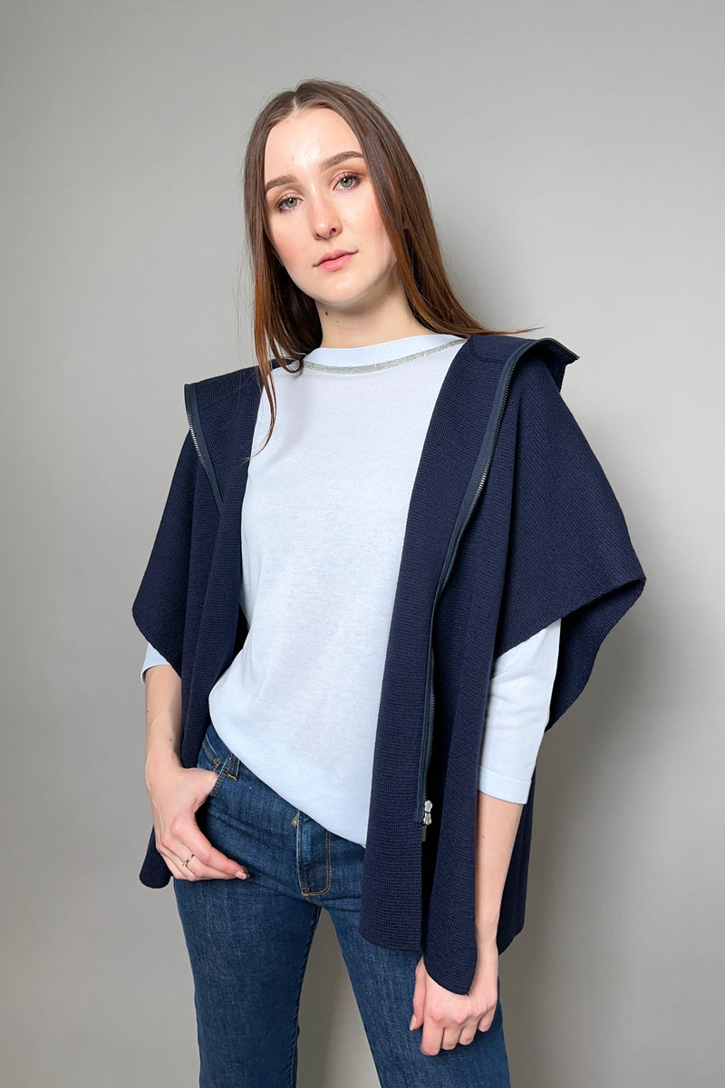 Fabiana Filippi Hooded Knit Cape with Brilliant Notch on the Sides in Navy