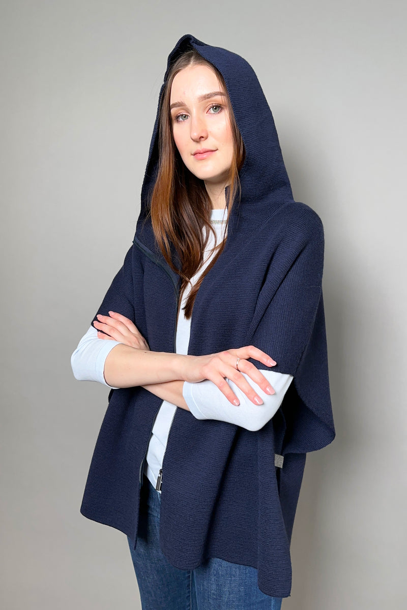 Fabiana Filippi Hooded Knit Cape with Brilliant Notch on the Sides in Navy