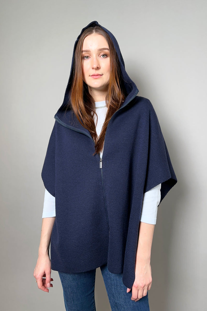 Fabiana Filippi Hooded Knit Cape with Brilliant Notch on the Sides in Navy