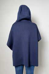 Fabiana Filippi Hooded Knit Cape with Brilliant Notch on the Sides in Navy