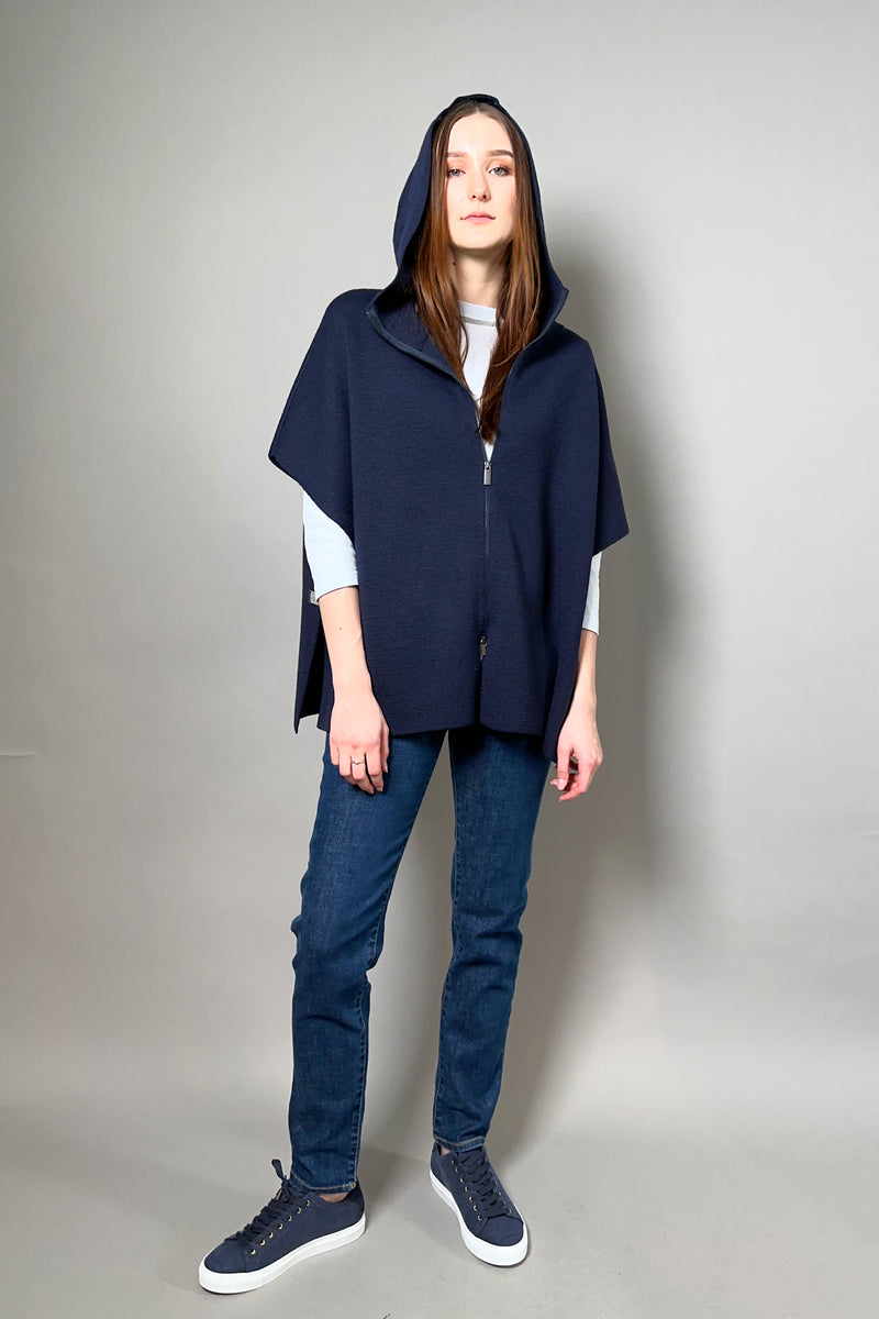 Fabiana Filippi Hooded Knit Cape with Brilliant Notch on the Sides in Navy