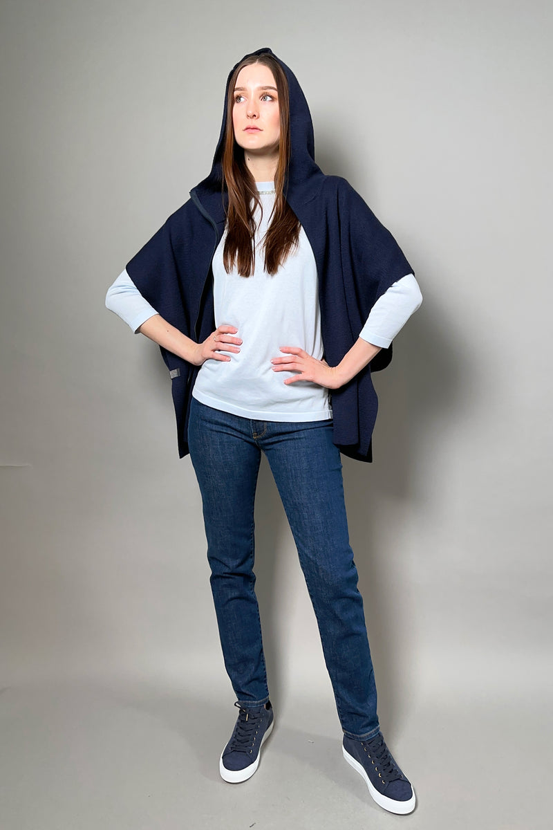 Fabiana Filippi Hooded Knit Cape with Brilliant Notch on the Sides in Navy