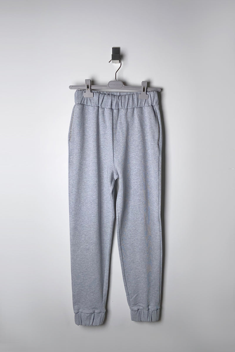 Fabiana Filippi Cotton Sweat Pants with Brilliant Beading Detail in Grey Melange