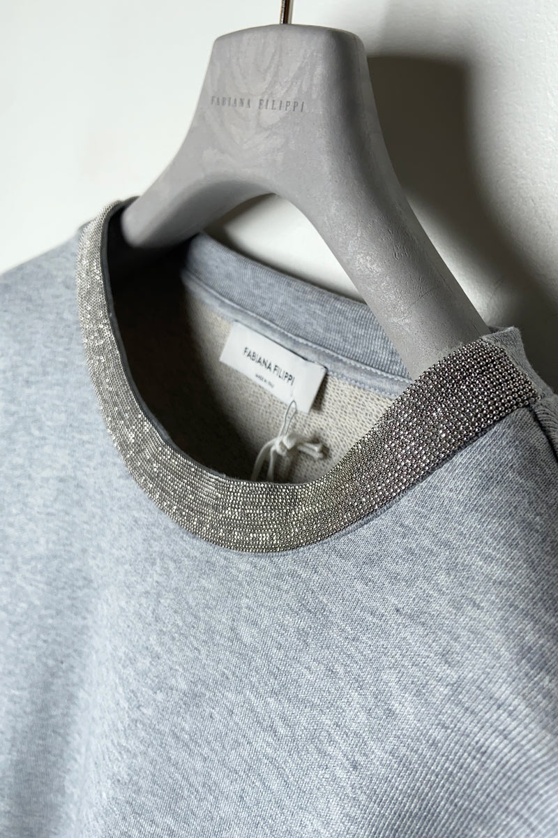 Fabiana Filippi Cotton Sweatshirt with Brilliant Beading Neck in Grey Melange