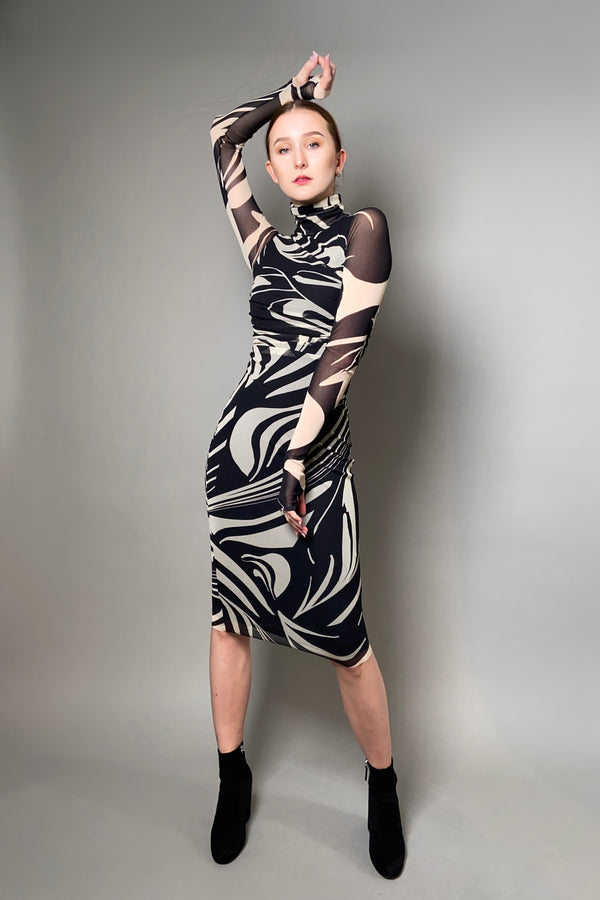 Fuzzi Swirl Patterned Tulle Turtleneck Dress in Black and Cream