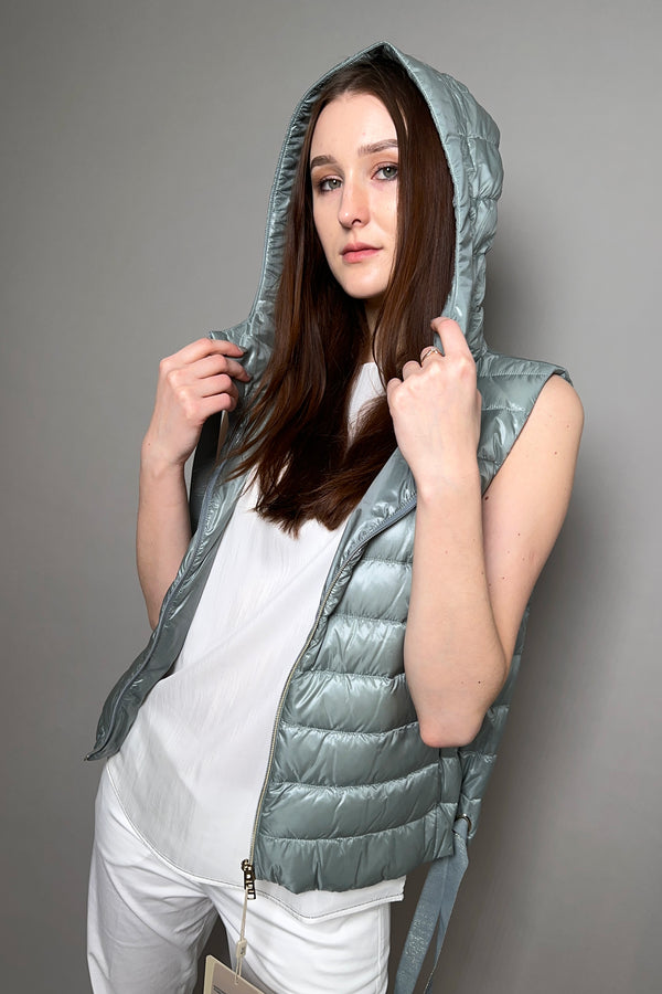 Herno New Arrivals Cropped Puffer Vest With Sparkly Drawstrings in Pale Aqua - Ashia Mode