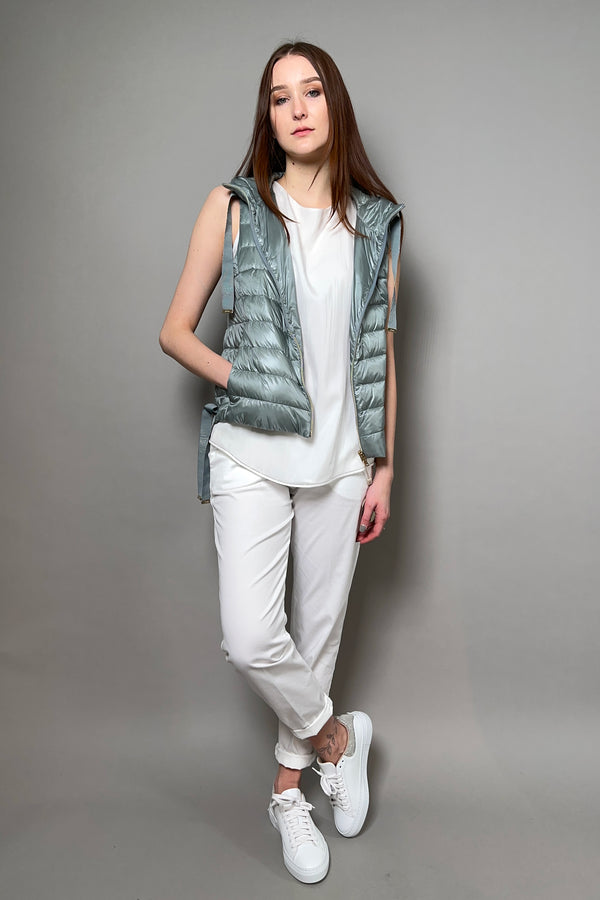 Herno New Arrivals Cropped Puffer Vest With Sparkly Drawstrings in Pale Aqua - Ashia Mode