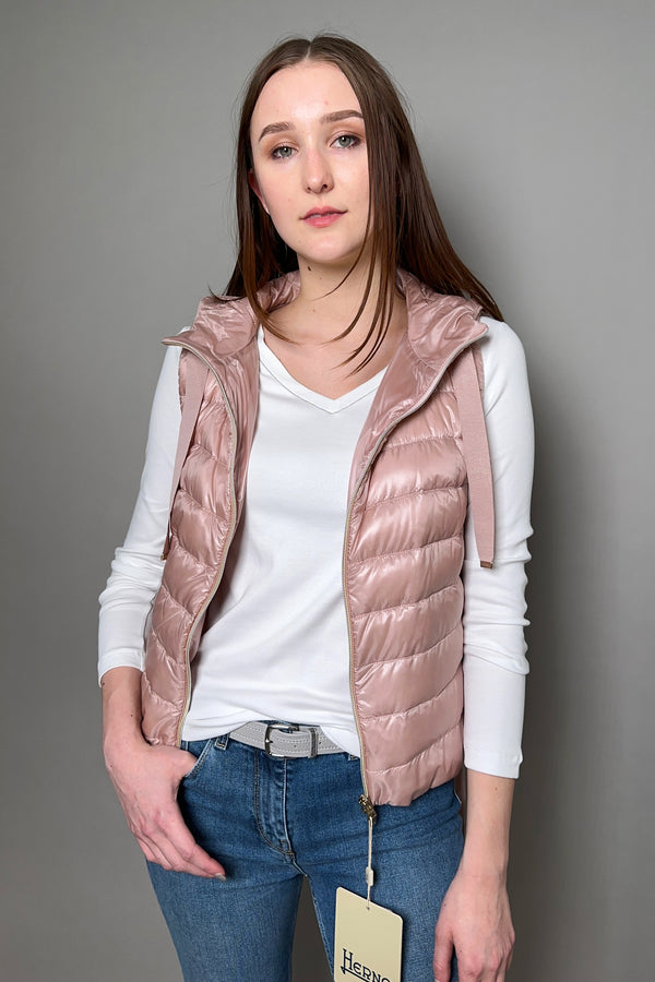 Herno New Arrivals Cropped Puffer Vest With Sparkly Drawstrings in Pale Pink - Ashia Mode