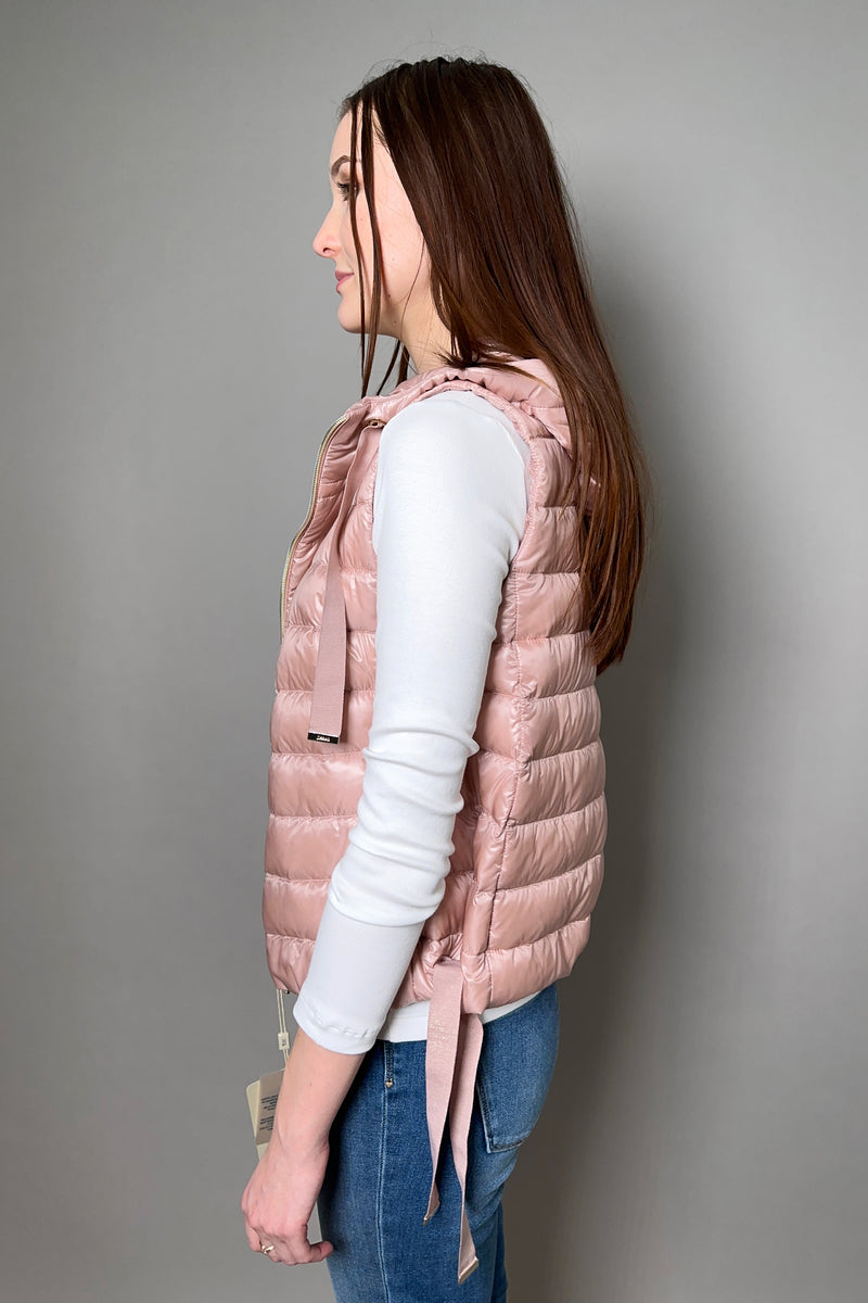 Herno New Arrivals Cropped Puffer Vest With Sparkly Drawstrings in Pale Pink - Ashia Mode