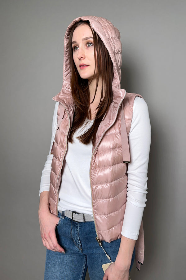 Herno New Arrivals Cropped Puffer Vest With Sparkly Drawstrings in Pale Pink - Ashia Mode