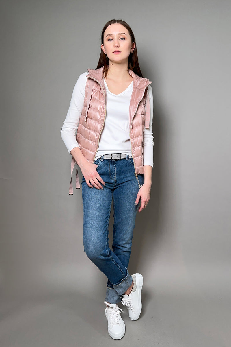 Herno New Arrivals Cropped Puffer Vest With Sparkly Drawstrings in Pale Pink - Ashia Mode