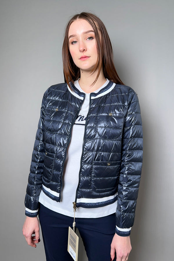 Herno New Arrivals Short Bomber Jacket with Stripe Knit Details in Navy - Ashia Mode