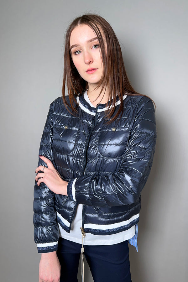 Herno New Arrivals Short Bomber Jacket with Stripe Knit Details in Navy - Ashia Mode