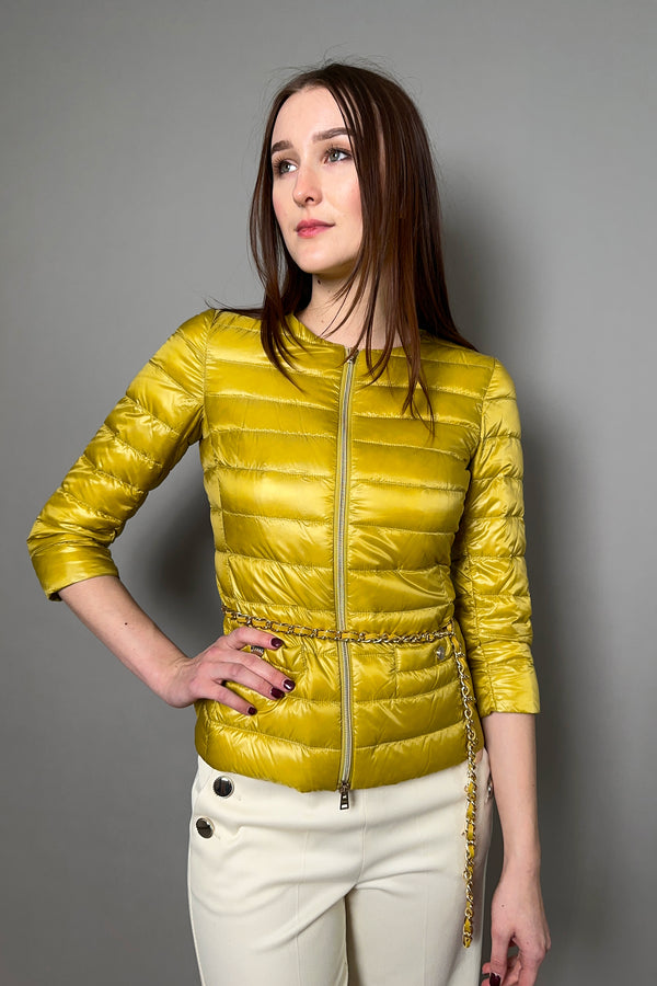 Herno New Arrivals Fitted Padded Jacket with Chain Belt in Mustard Yellow - Ashia Mode