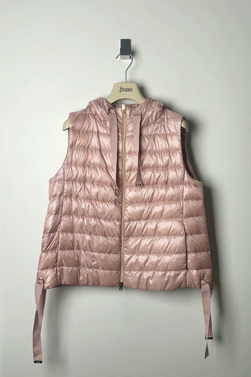 Herno New Arrivals Cropped Puffer Vest With Sparkly Drawstrings in Pale Pink - Ashia Mode