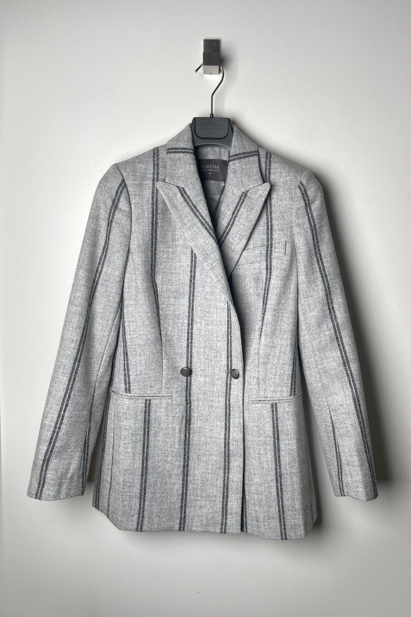 Lorena Antoniazzi Double-Breasted Wool Stripe Blazer in Grey Melange