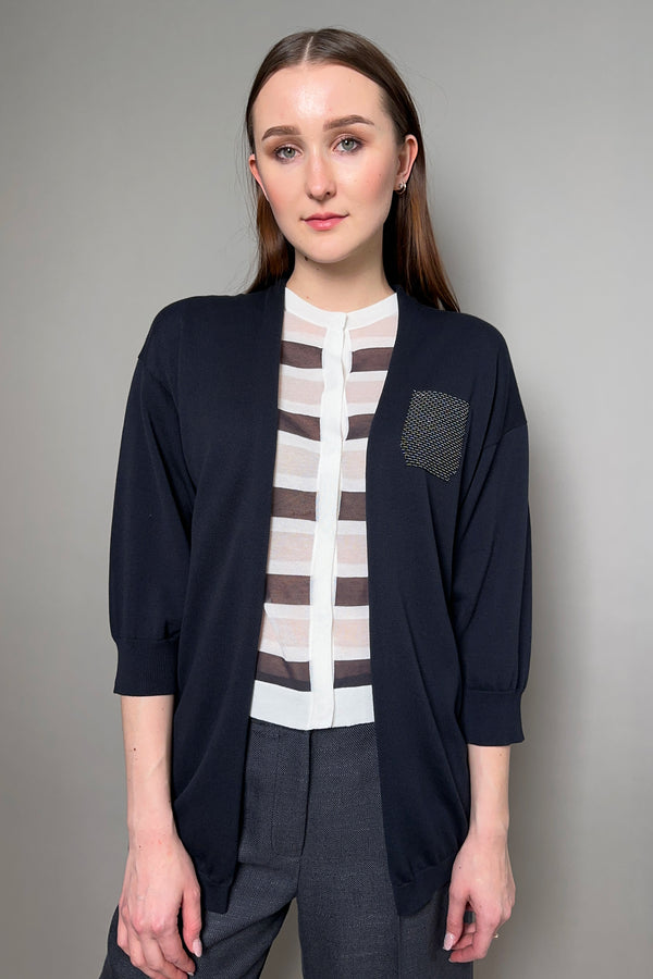 Peserico Knit Cotton Cardigan with Beaded Pocket in Navy - Ashia Mode