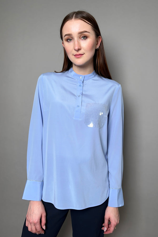 Peserico Silk Blouse with Sequin Pocket in Light Blue - Ashia Mode