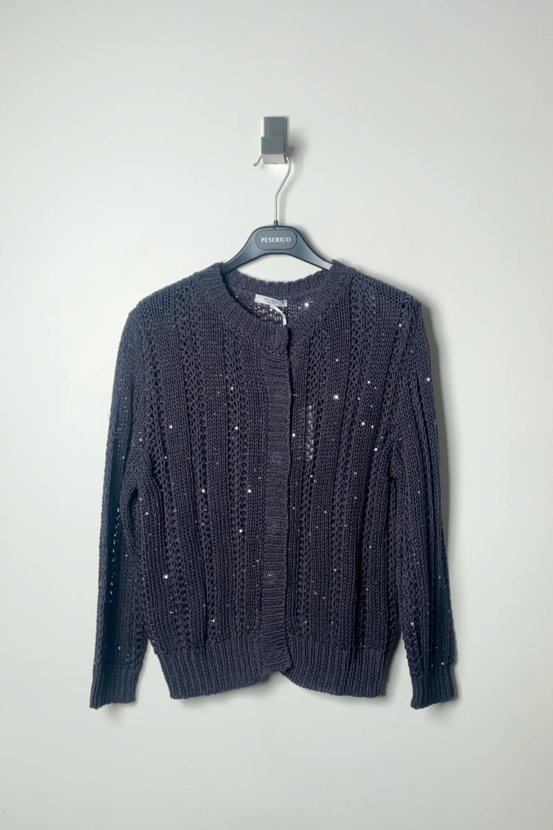 Peserico Open Knit Cardigan with Subtle Sequins in Navy - Ashia Mode