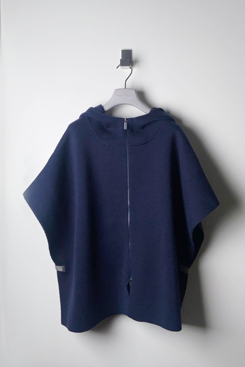 Fabiana Filippi Hooded Knit Cape with Brilliant Notch on the Sides in Navy