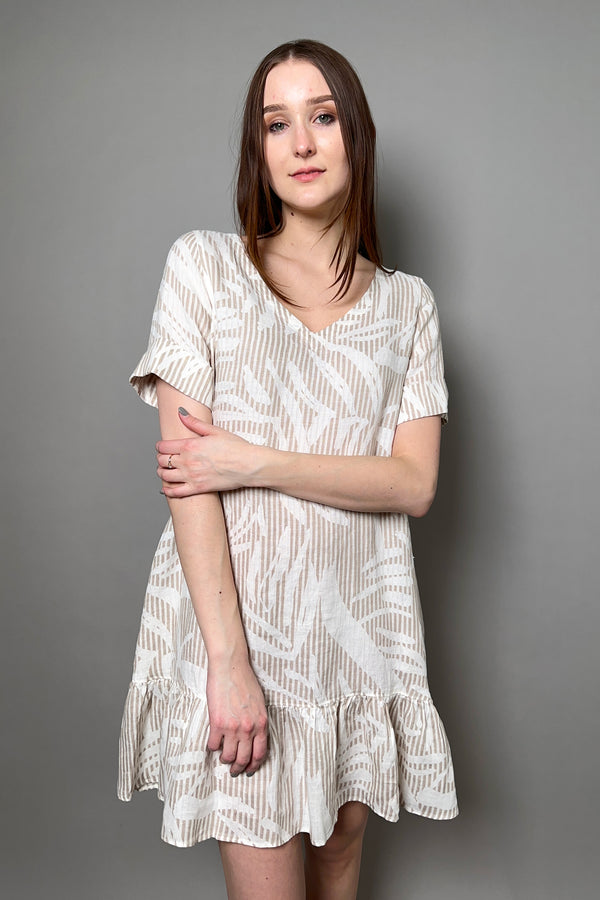 Rosso 35 Knee Length Linen A-line Dress with Flounce in Beige and Ivory Print - Ashia Mode