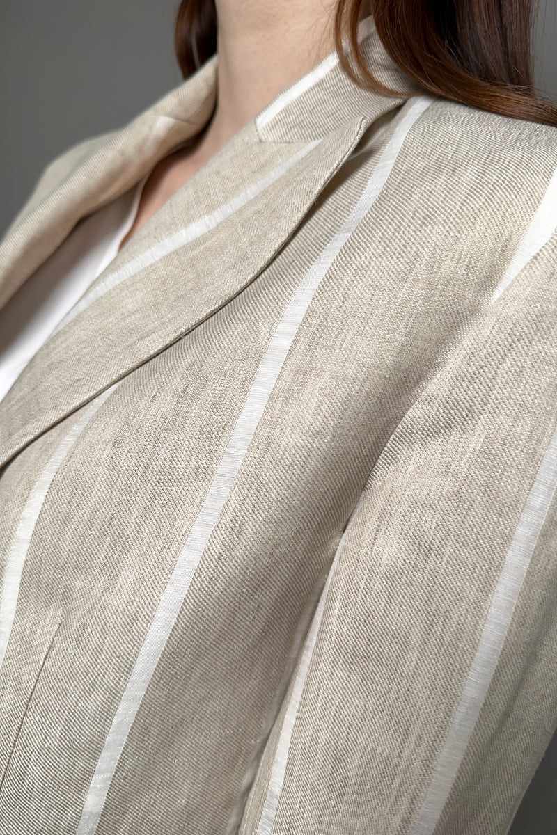 Antonelli Grevillea Stripe Linen Blazer in Sandy Beige Vancouver. Shop Online or in Store.