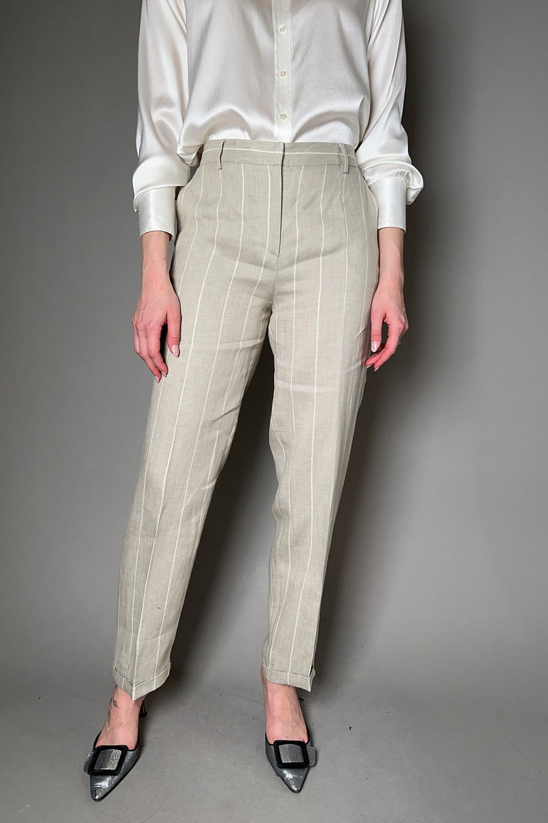Antonelli Rhondiola Striped Linen Trousers with Lurex Stripe in Sandy Beige Vancouver. Shop Online or in Store.