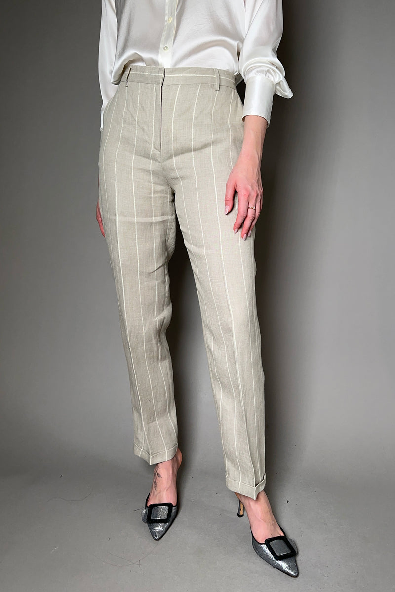 Antonelli Rhondiola Striped Linen Trousers with Lurex Stripe in Sandy Beige Vancouver. Shop Online or in Store.