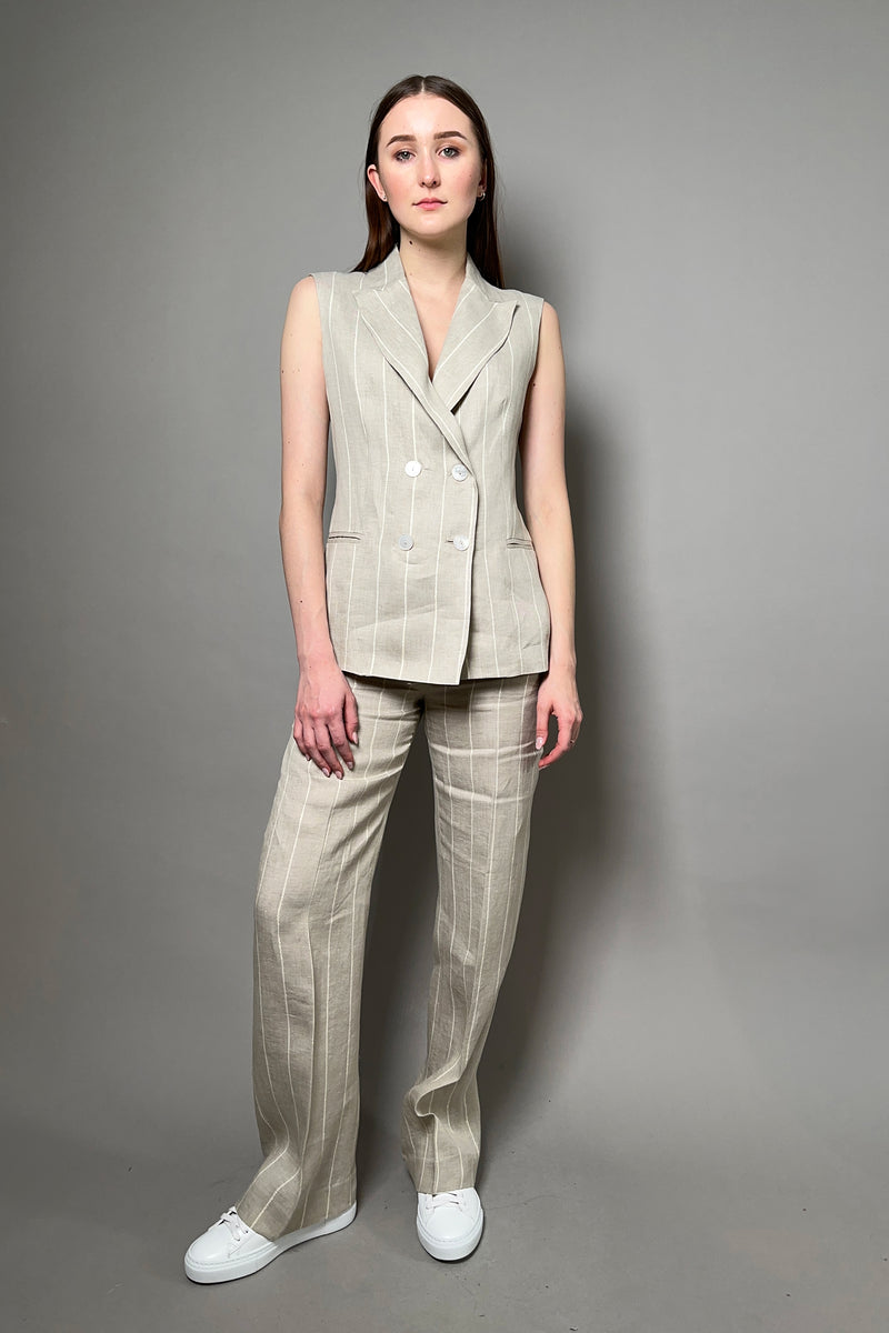 Antonelli Robinia Striped Wide Leg Linen Trousers with Lurex Stripe in Sandy Beige Vancouver. Shop Online or in Store.