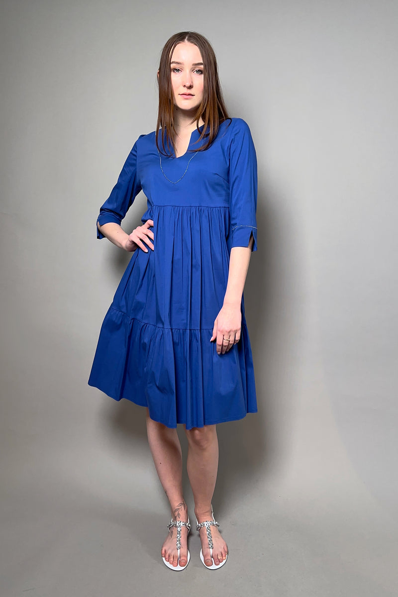 D. Exterior Tiered Cotton Dress with Beading Detail in Cobalt Blue