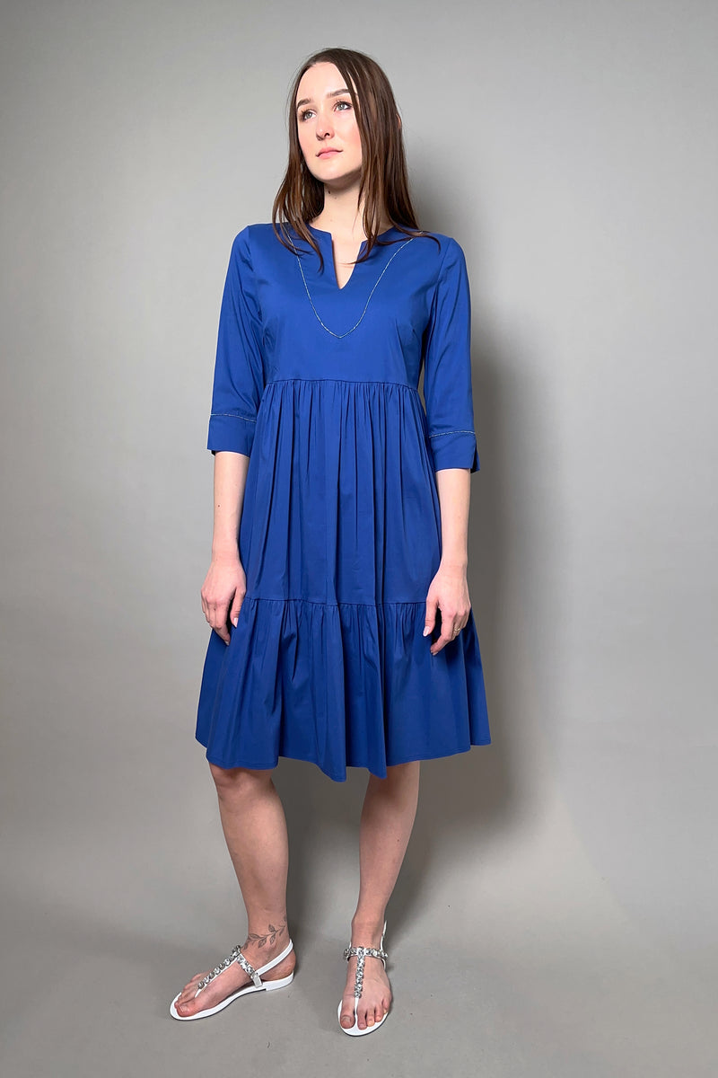 D. Exterior Tiered Cotton Dress with Beading Detail in Cobalt Blue