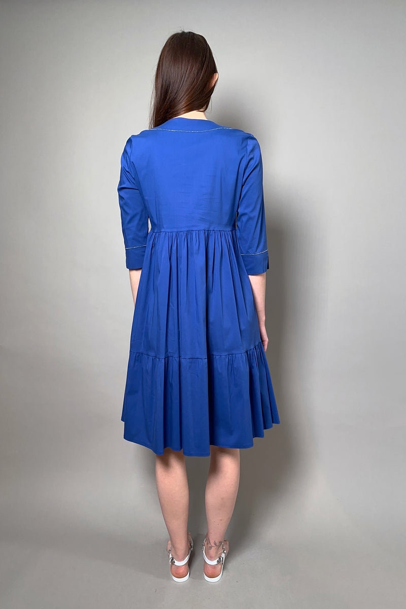 D. Exterior Tiered Cotton Dress with Beading Detail in Cobalt Blue