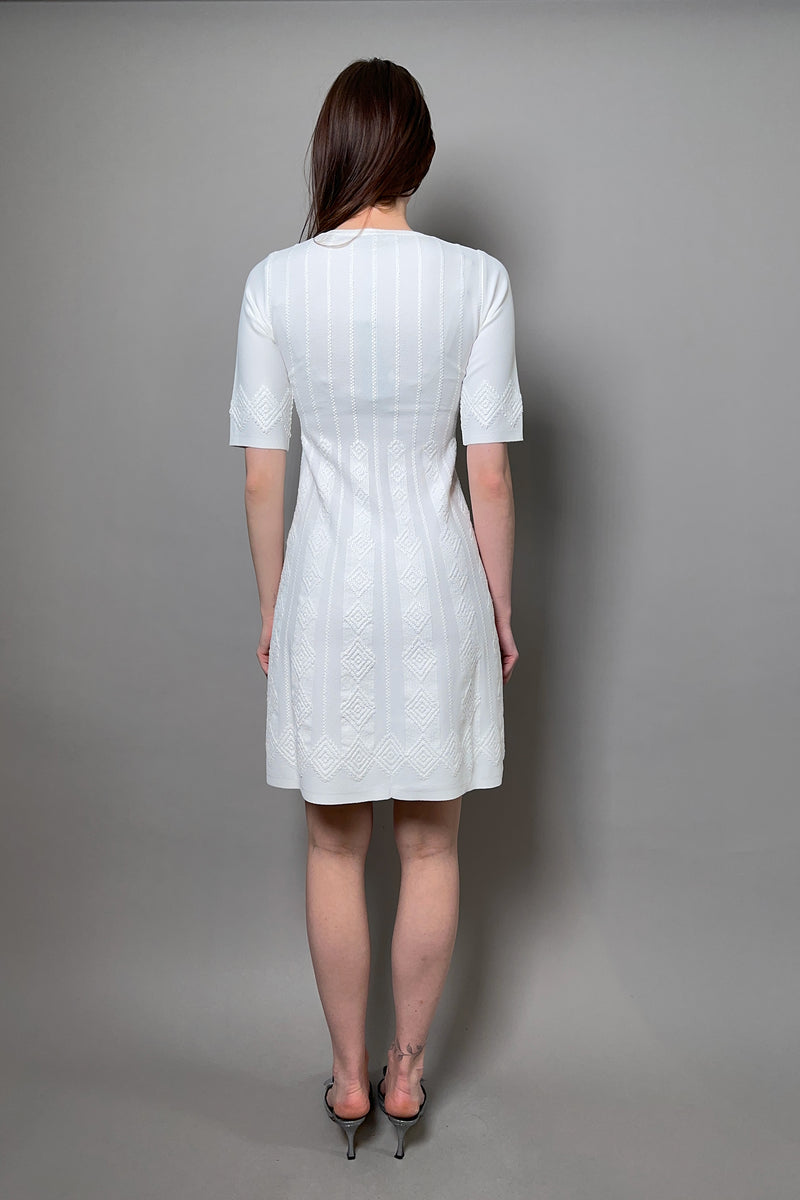 D. Exterior Knit Dress with Textured Geometric Pattern in White