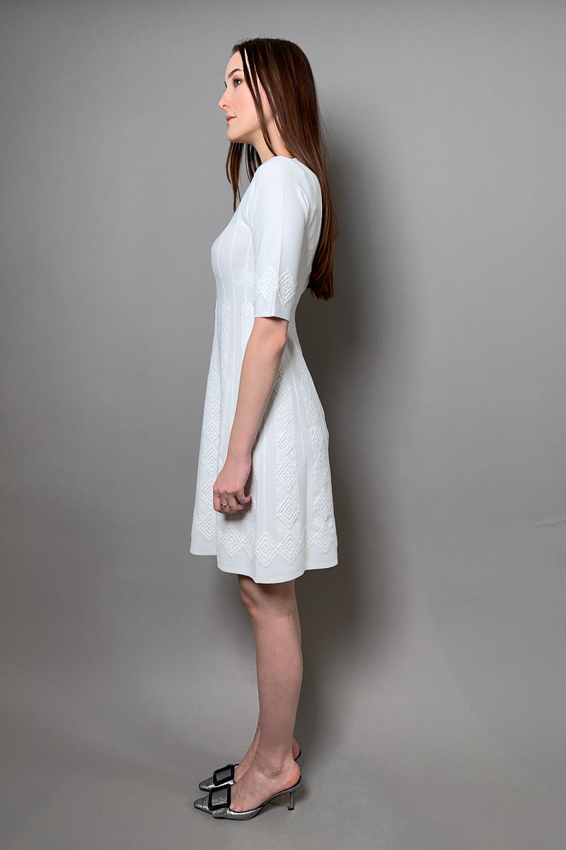 D. Exterior Knit Dress with Textured Geometric Pattern in White