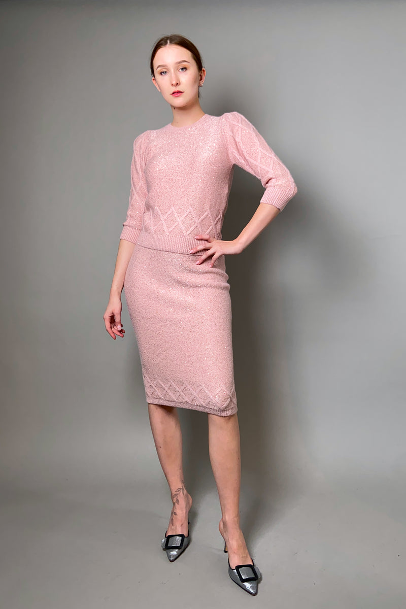 D. Exterior Knit Pencil Skirt with Sequin Sparkles in Rose Quartz