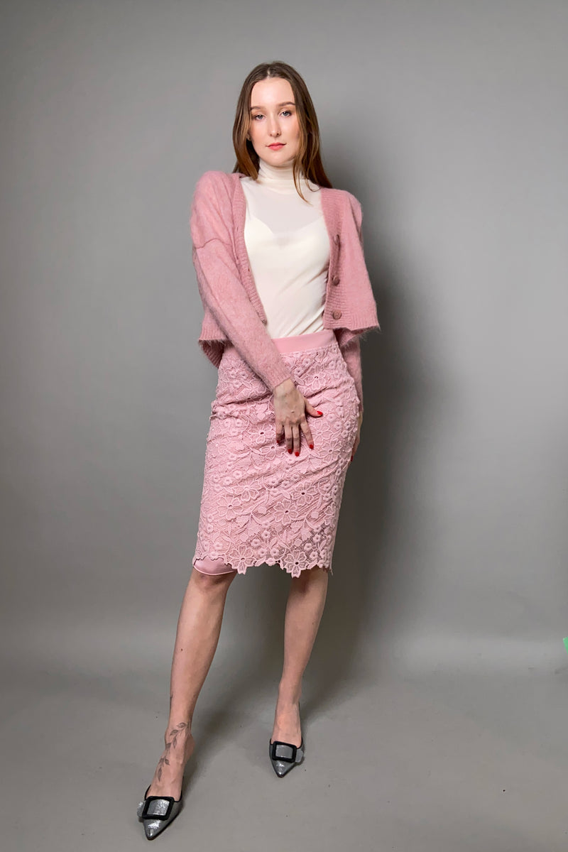 D. Exterior Floral Lace Pencil Skirt in Rose Quartz