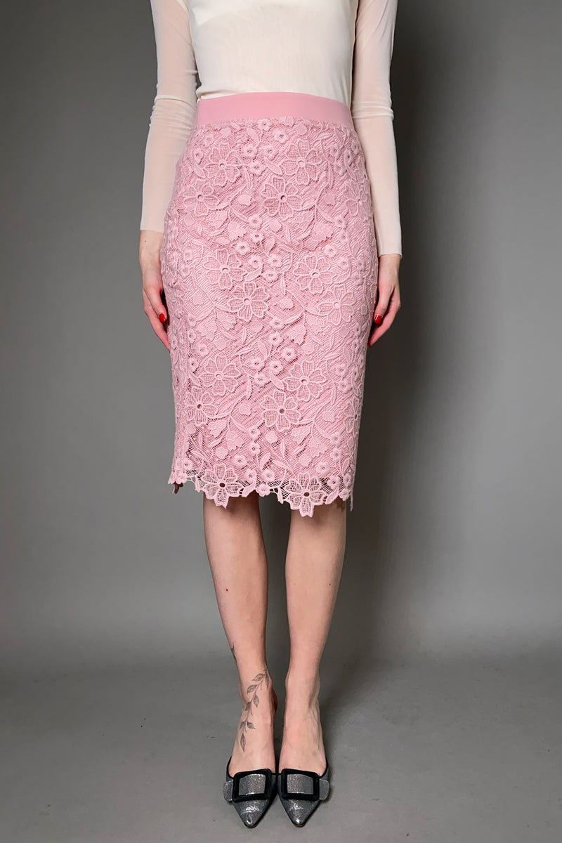 D. Exterior Floral Lace Pencil Skirt in Rose Quartz