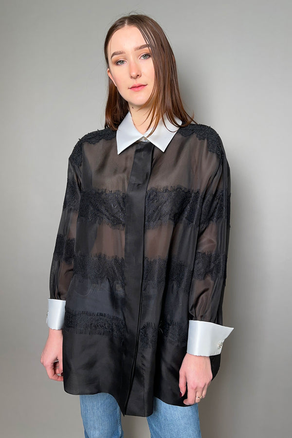 Edward Achour Oversized Organza Shirt in Black Lace