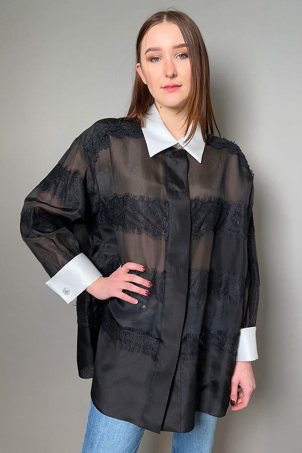 Edward Achour Oversized Organza Shirt in Black Lace