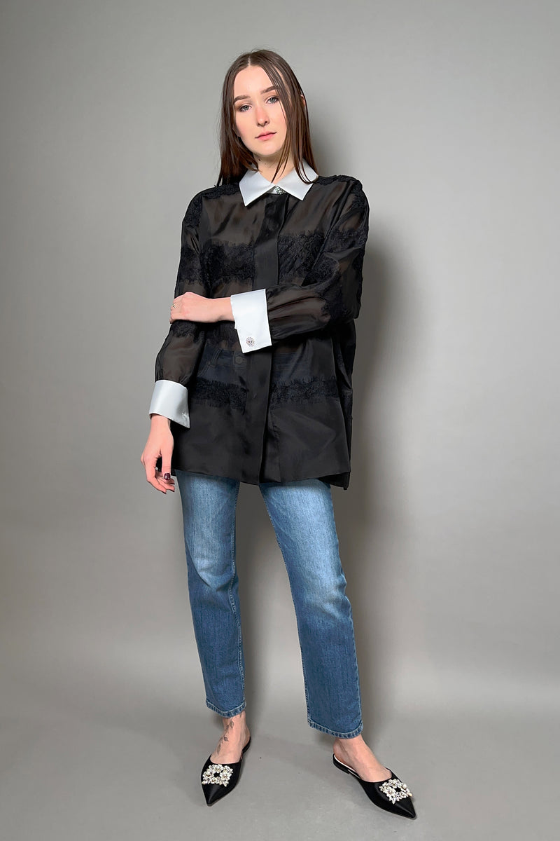 Edward Achour Oversized Organza Shirt in Black Lace