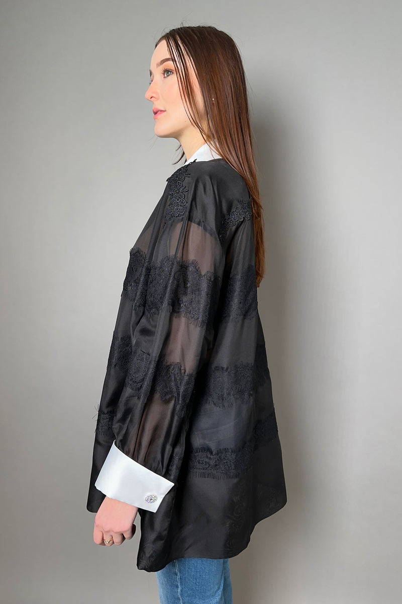 Edward Achour Oversized Organza Shirt in Black Lace