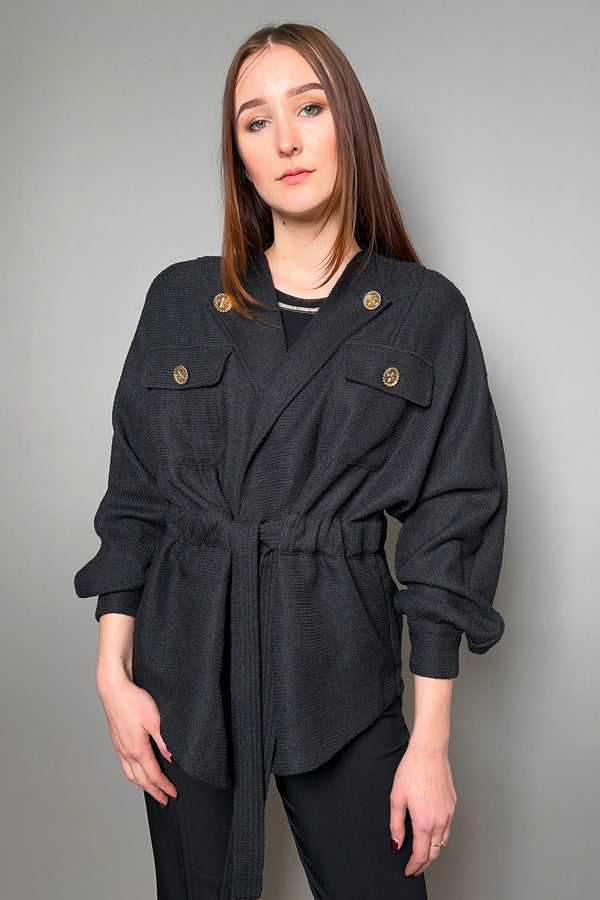 Edward Achour Relaxed Belted Bouclé Jacket in Black