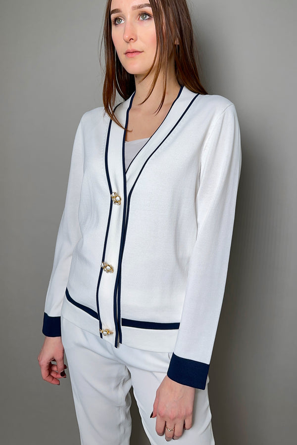 Edward Achour Ivory Knit Cardigan with Navy Trim