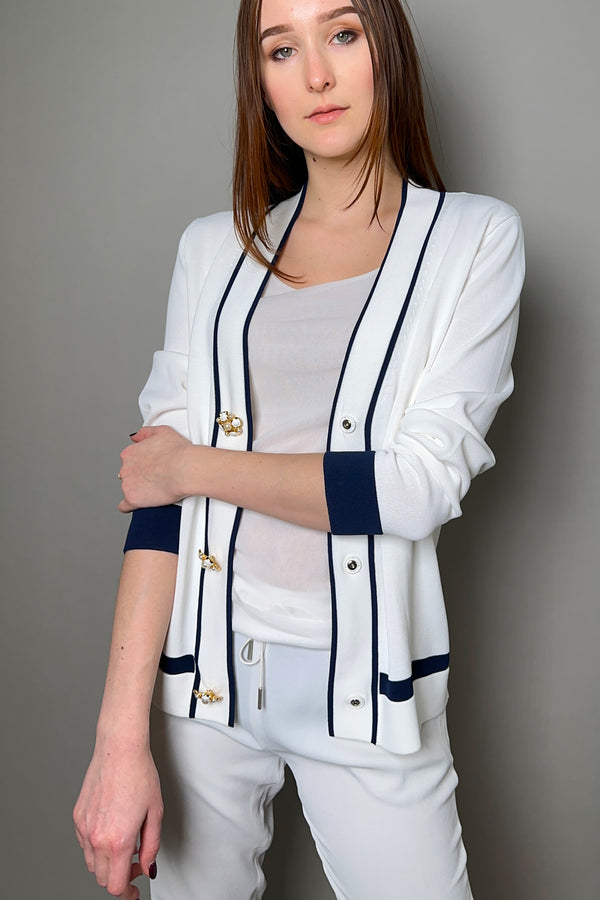 Edward Achour Ivory Knit Cardigan with Navy Trim