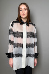 Edward Achour Oversized Organza Shirt in Ivory with Black Lace