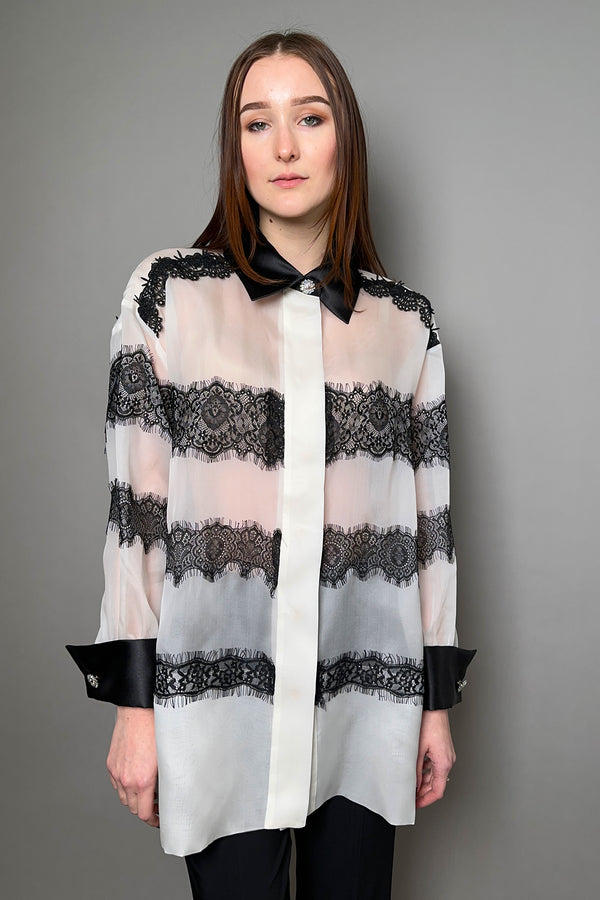 Edward Achour Oversized Organza Shirt in Ivory with Black Lace