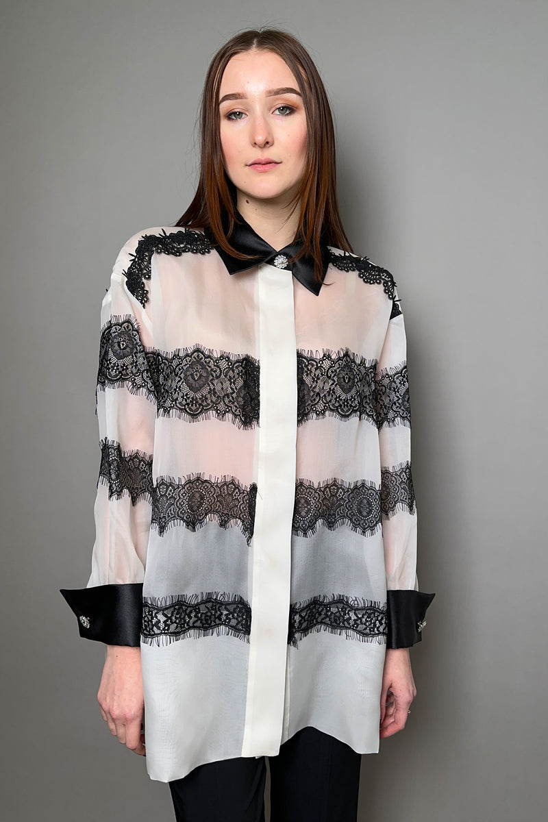 Edward Achour Oversized Organza Shirt in Ivory with Black Lace